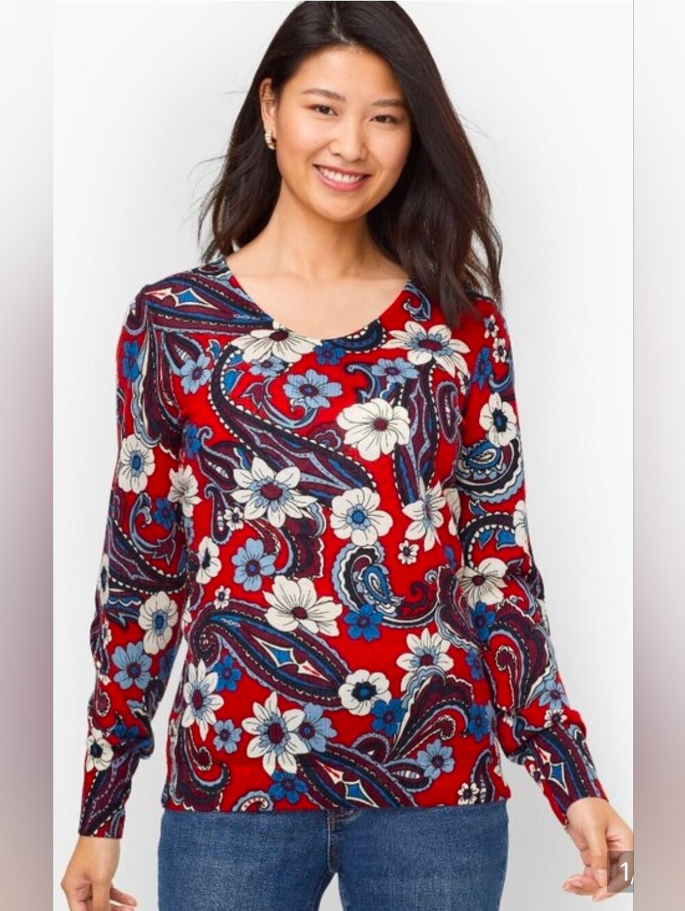 Talbots Pure Merino Wool Red Floral Paisley Long-Sleeve Top Size Plus X